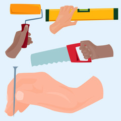 Hands with construction tools vector cartoon style House renovation handyman illustration