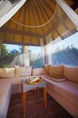 Fototapeta na wymiar Gazebo on grass with soft pillows and sofa and served cheese and vine in resort place