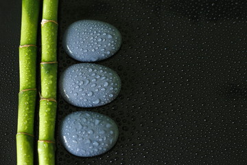 Obraz na płótnie Canvas arrière plan noir avec branche de Bambou sur la gauche et galets zen gris avec gouttes d'eau