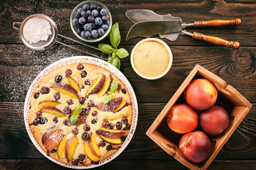 Homemade cake with nectarines and blueberries.