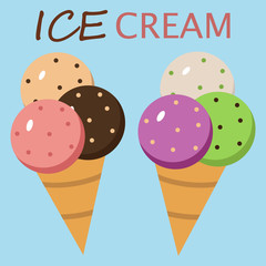 Chocolate vanilla and strawberry dessert sweet food Ice cream in cone vector illustration