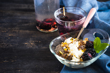 Organic food concept with ripe blackberries