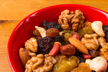 different mixed nuts and raisins