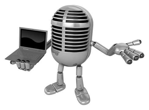 3D Classic Microphone Mascot the right hand guides and left hand is holding a laptop. 3D Classic Microphone Robot Character Series.