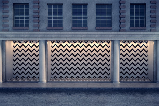 Blank zigzag storefront at night