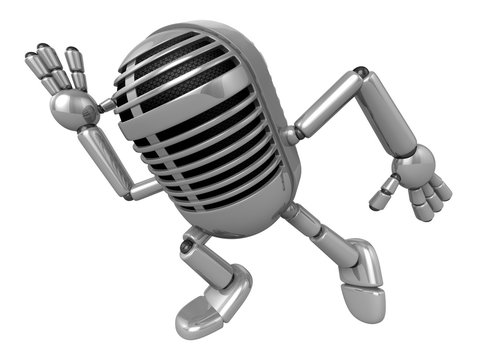 3D Classic Microphone Mascot on Running. 3D Classic Microphone Robot Character Series.