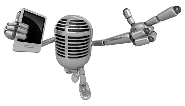 3D Classic Microphone Mascot the left hand guides and the right hand is holding a Smart Phone. 3D Classic Microphone Robot Character Series.
