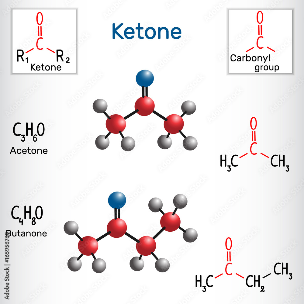 Poster Acetone and butanone ( methyl ethyl ketone) molecule - structural chemical formula and model