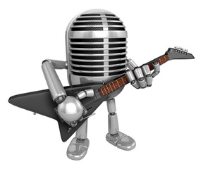 3D Classic Microphone is holding electric guitar. 3D Classic Microphone Robot Character Series.