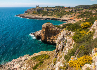 Watchtower near ionian sea (Uluzzo tower in Porto Selvaggio) Apulia, Salento, Italy