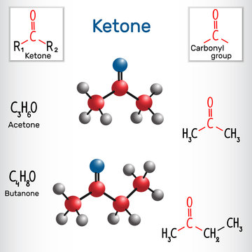 Acetone and butanone ( methyl ethyl ketone) molecule - structural chemical formula and model