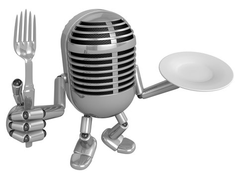 3D Classic Microphone Mascot hand is holding a Fork and Plate. 3D Classic Microphone Robot Character Series.