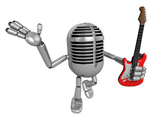 3D Classic Microphone is holding electric guitar. 3D Classic Microphone Robot Character Series.