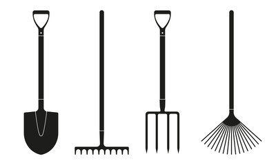 Shovel or spade, rake and pitchfork icons isolated on white background. Gardening tools design. Vector illustration. - obrazy, fototapety, plakaty