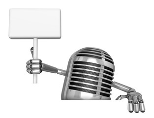 3D Classic Microphone Mascot hand is holding a picket and board. 3D Classic Microphone Robot Character Series.