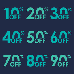 Sale icon set. Discount price off and sales design template. Shopping and low price symbols. 10,20,30,40,50,60,70,80,90 percent sale. Vector illustration.