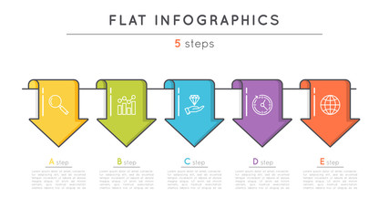 Flat style 5 steps timeline infographic template. Thin line business presentation concept.