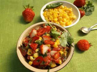 Salsa with strawberries and corn. Mexican food