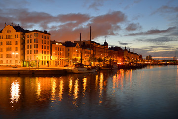 Sunset in Helsinki. Pohjoisranta waterfront in Kruununhaka