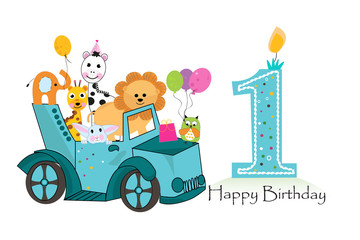 First birthday car with animals background. Birthday greeting card