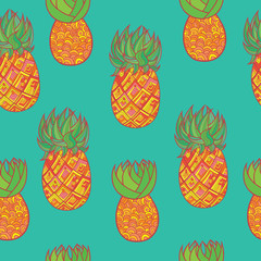 Seamless hand drawn pattern with pineapple. Tropical exotic frui