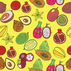 Seamless hand drawn pattern with tropical exotic fruits. Vector