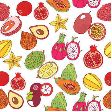Seamless hand drawn pattern with tropical exotic fruits. Vector