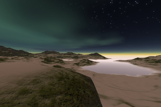 View of the beach from the mountain, a natural landscape, the polar light in the sky with the stars.