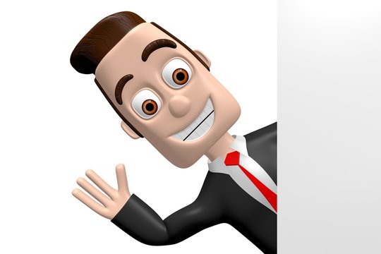 3D businessman behind a corner/ on the edge - greeting concept.