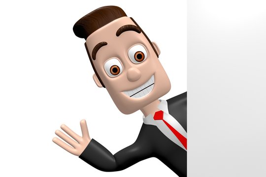 3D businessman behind a corner/ on the edge - greeting concept.