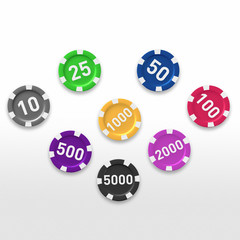 a number of 3d casino token reposed in color order