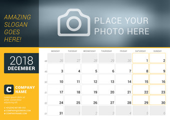 December 2018. Desk Calendar for 2018 Year. Vector Design Print Template with Place for Photo, Logo and Contact Information. Week Starts on Monday. Calendar Grid with Week Numbers and Place for Notes
