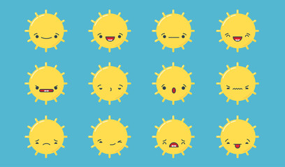Set of vector kawaii sun emoticons. Isolated on green blue background.