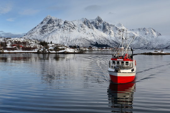 Fototapeta Fishing boat entering Sildpolltjonna bay from the east. Austnesfjorden-Austvagoya-Nordland-Norway. 0168