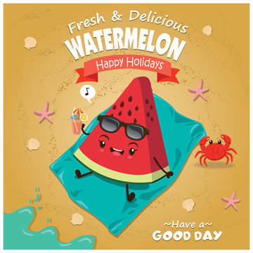 Vintage fruit poster beach design with watermelon character.