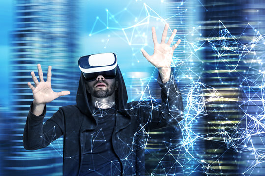 Man in VR glasses, office, network hologram