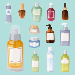 Bottles of cosmetic cosmetology lotion makeup beauty plastic liquid cream container fluid pack vector illustration.