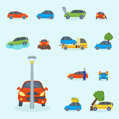 Naklejka premium Car crash collision traffic insurance safety automobile emergency disaster and emergency repair transport vector illustration.