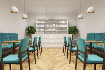 Coffee shop with blue chairs