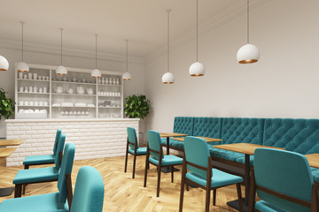 Coffee shop with blue chairs, side view