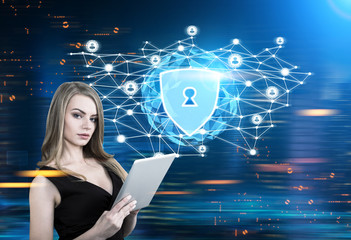 Security shield, polygons, orb, blonde woman