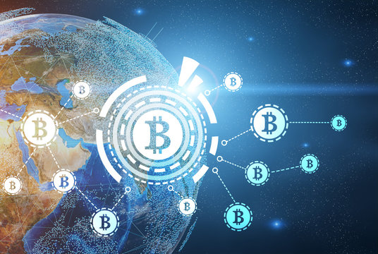 Bitcoin network, Earth, glowing