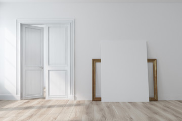 Empty white room with an open door, poster