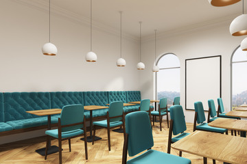 Blue green cafe interior, poster side view