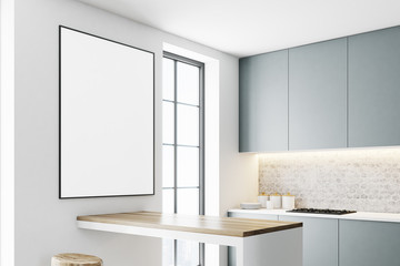 Gray kitchen with countertops, poster closeup