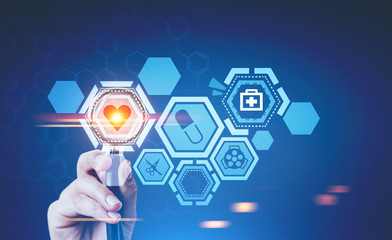 Woman doctor s hand, medical HUD, blue