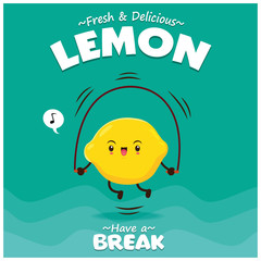 Vintage lemon poster design with vector lemon character.