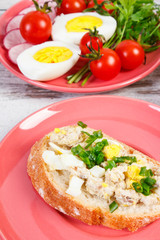 Slice of crusty baguette with fish paste, egg, tomato and radish