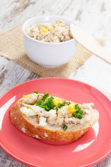 Mackerel or tuna fish paste sandwiches with egg and chives