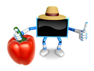Blue TV farmer Character right hand sweet-pepper. The best gesture of the right hand is taking. Create 3D Television Robot Series.